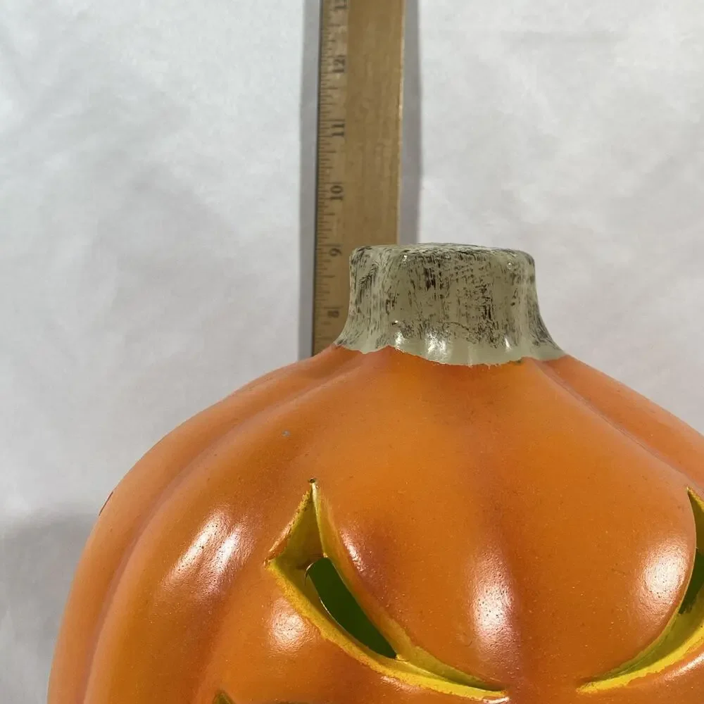 Vintage 9” Blow Mold Pumpkin Lighted Halloween Jack O Lantern Green Light